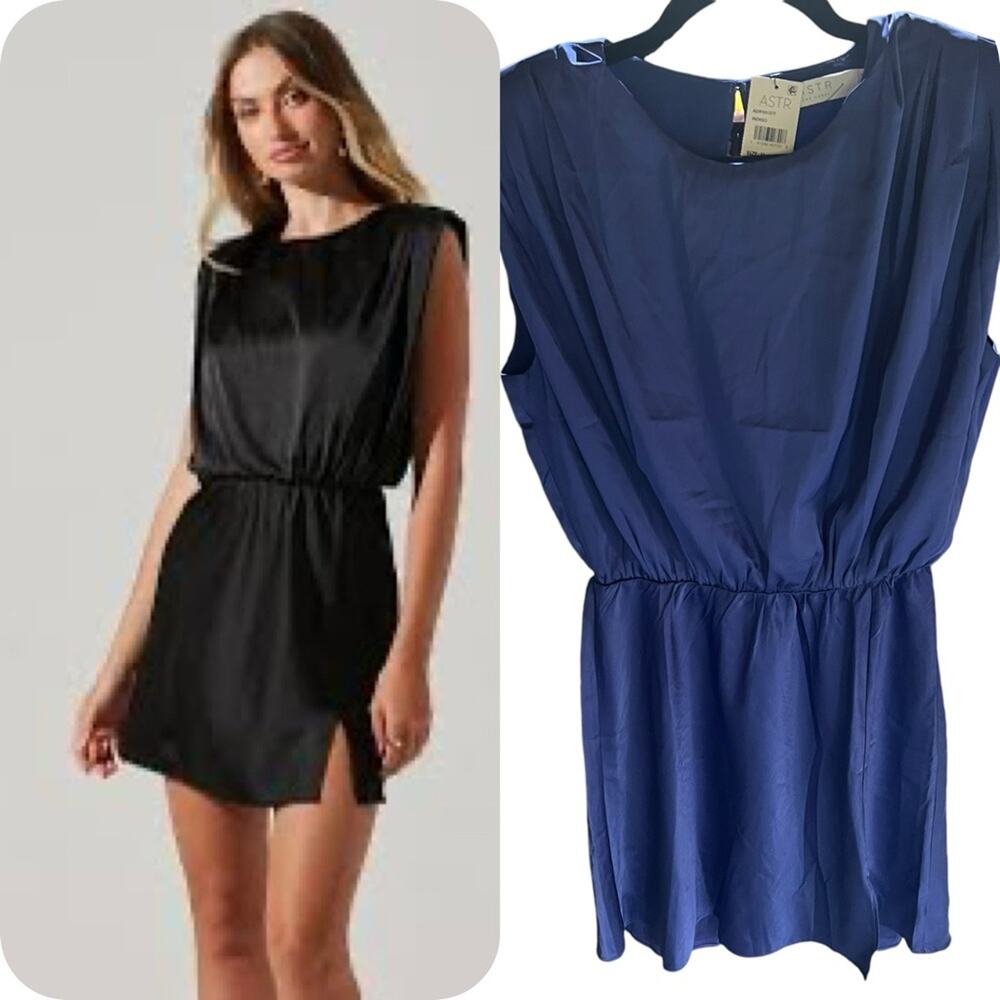 NWT ASTR THE LABEL Navy Satin Strong Shoulder Mini Dress Size M